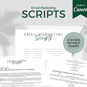 May include: A digital marketing template with the words "Email Marketing Scripts" in green. The design includes editable templates with two scripts per month, and a Canva logo. The document is designed for wellness businesses.