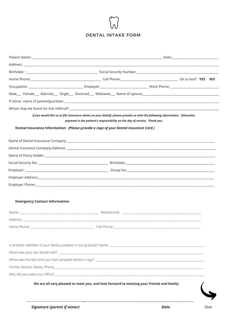 Professional Dental Intake Form, Client Informed Consent Form, Dental