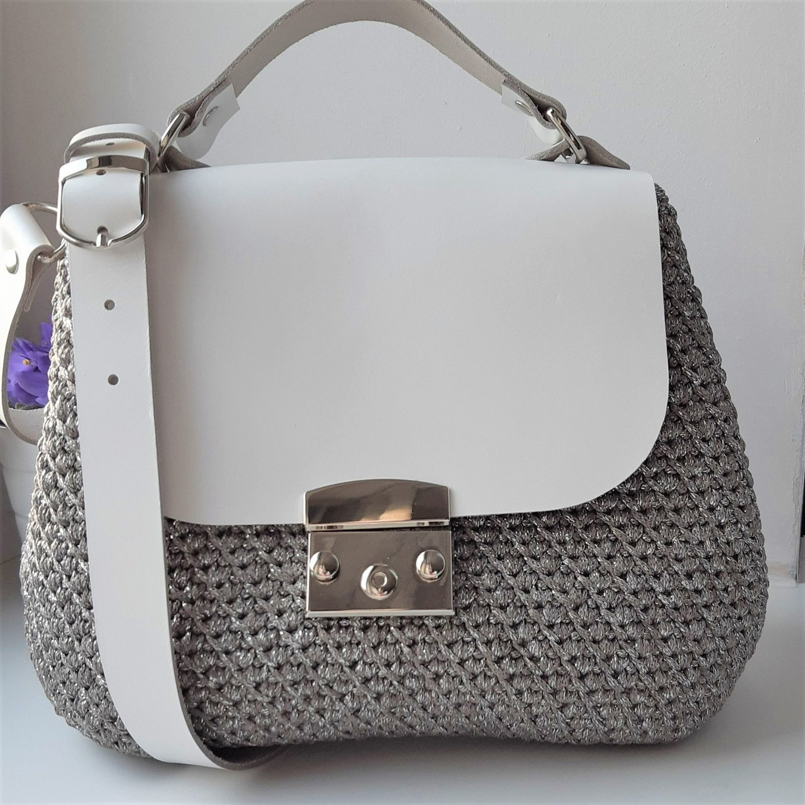 Silver colored Crossbody Handbag Women Evening Bag.Crochet Etsy