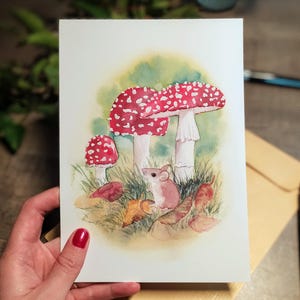 Carte aquarelle souris des bois – Illustration automnale féerique – Carte A5 ou 10x15 avec enveloppe