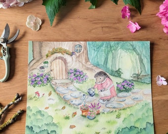Miss Hedgehog - carte hérisson aquarelle- affiche murale aquarelle illustration
