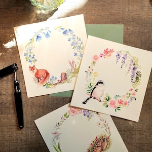 Lot cartes aquarelle + enveloppes - mésange - renard - faon