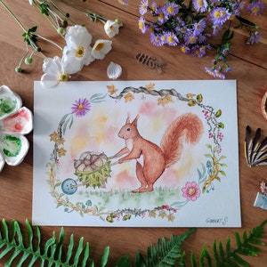 Cute squirrel - carte écureuil aquarelle - affiche murale