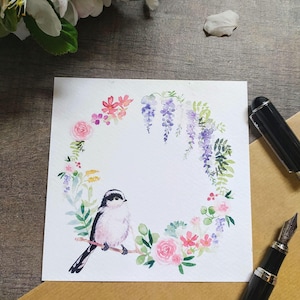 Carte de vœux - mésange fleurie aquarelle