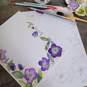 Carte à peindre en aquarelle – Coloriage botanique hellébores – Papier aquarelle 25% coton (18x24 cm) + modèle carte postale