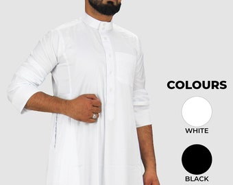 Thobe homme uni classique de style saoudien avec col Jubba Kandura Blanc, noir, gris, bleu marine Vêtements islamiques homme pour l'Aïd, la fête et les occasions