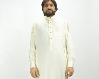 Cream Luxury Thobe With Premium Buttons and Collar Jubba Kandura White, Black, Cream, Navy Men Islamic Clothing For Eid, Party Occasions