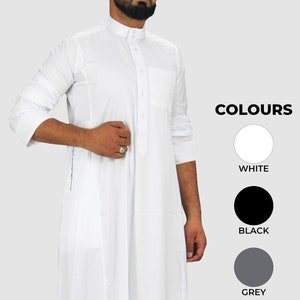 Men's Plain Classic Saudi Style Thobe With Collar Jubba Kandura White, Black, Grey, Navy Men Islamic Clothing For Eid, Party and Occasions image 1