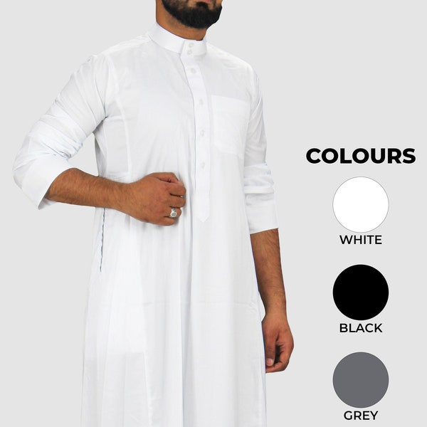 Men's Plain Classic Saudi Style Thobe With Collar Jubba Kandura White, Black, Grey, Navy Men Islamic Clothing For Eid, Party and Occasions