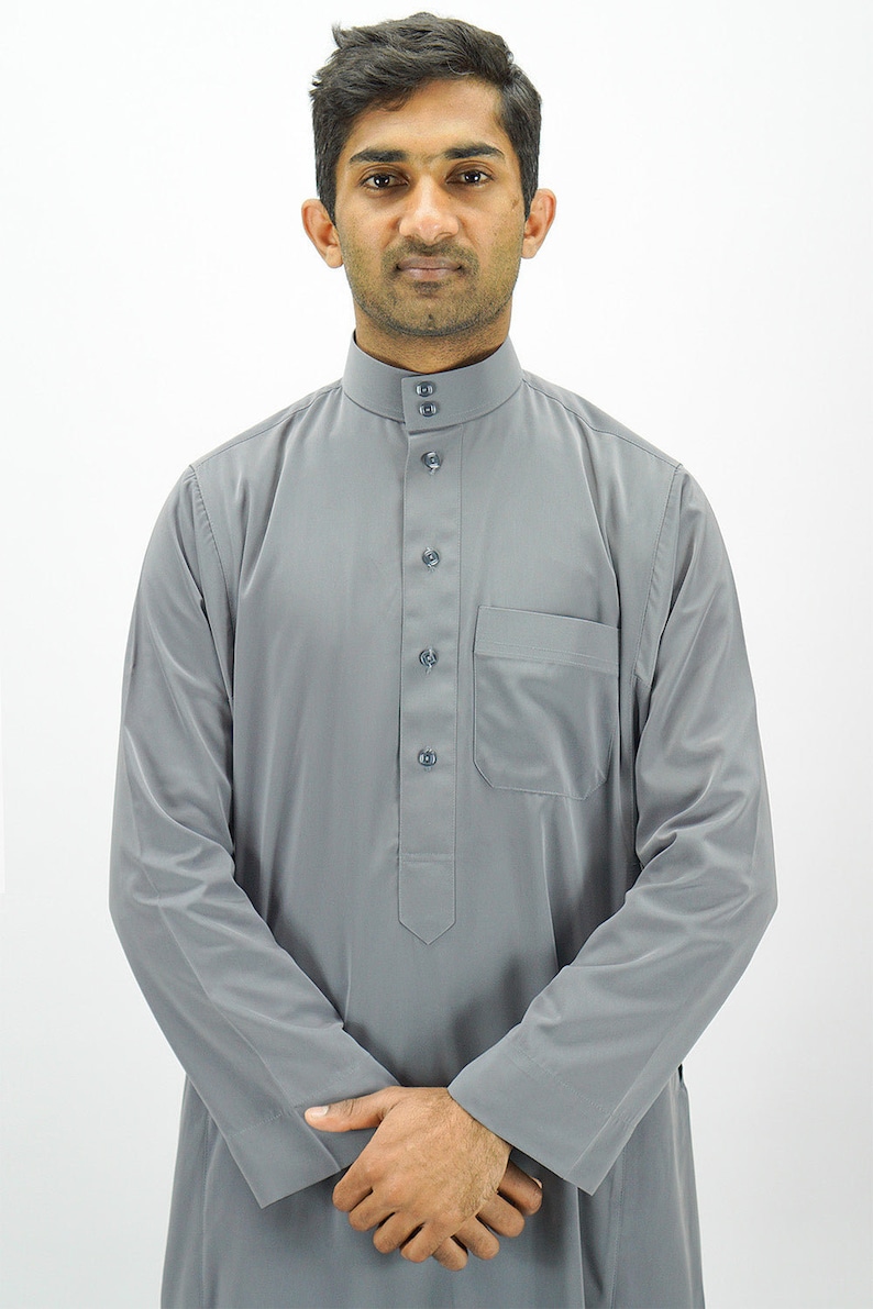 Men's Plain Classic Saudi Style Thobe With Collar Jubba Kandura White, Black, Grey, Navy Men Islamic Clothing For Eid, Party and Occasions image 4
