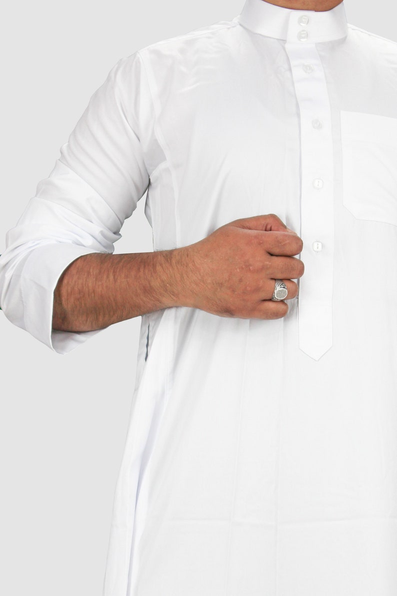 Men's Plain Classic Saudi Style Thobe With Collar Jubba Kandura White, Black, Grey, Navy Men Islamic Clothing For Eid, Party and Occasions image 2