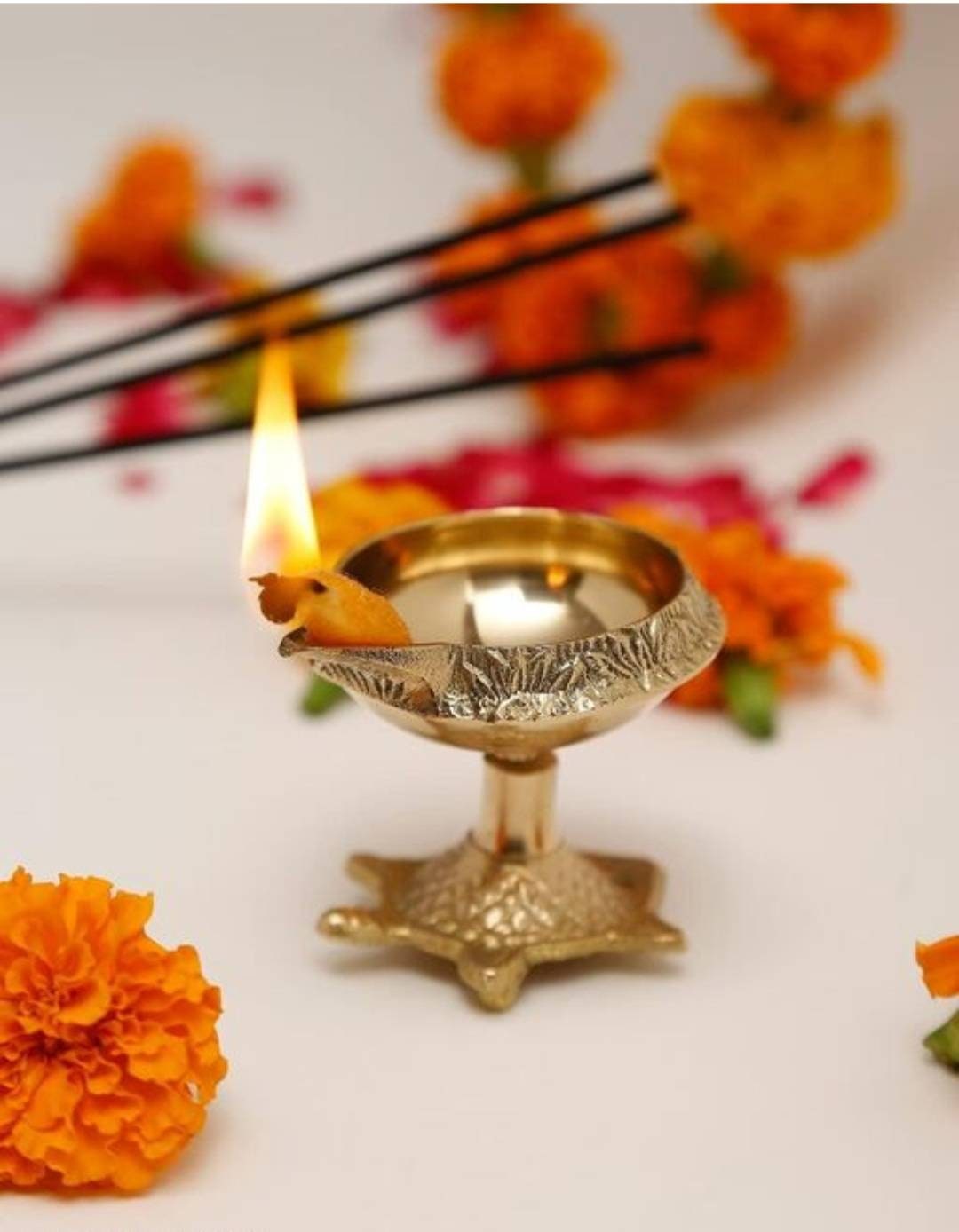 Indian Puja Brass Oil Lamp With Stand Golden Diya Lamp Etsy