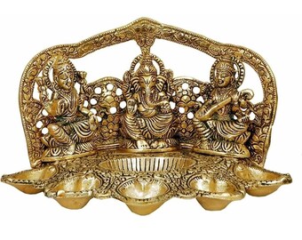 Table Diya Set Ganesh Laxmi Saraswati Idol with 5 face Diya for Home and Office Temple Pooja, Gift, Decoration (Gold Plated, Aluminum)