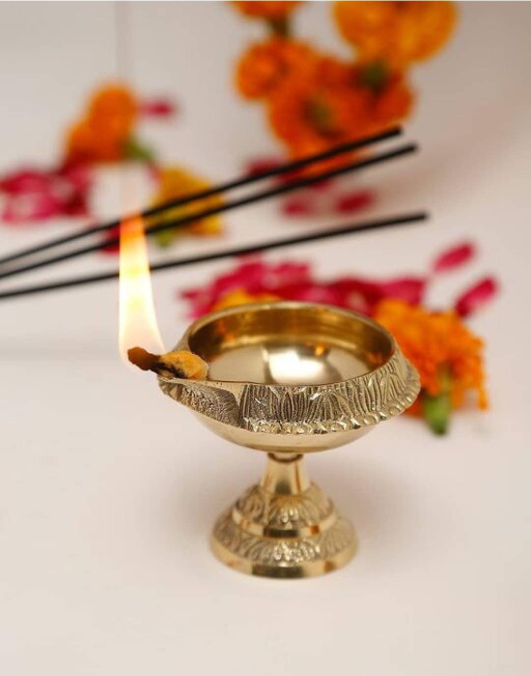 Indian Puja Brass Oil Lamp With Stand Golden Diya Lamp Etsy