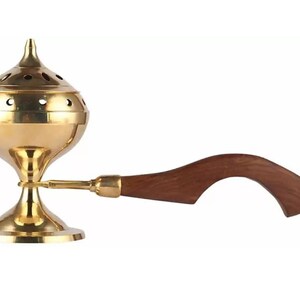 Dhoop Aarti Diya with wooden handle/ Dhoop stand for Puja Brass wood table diya(Golden)