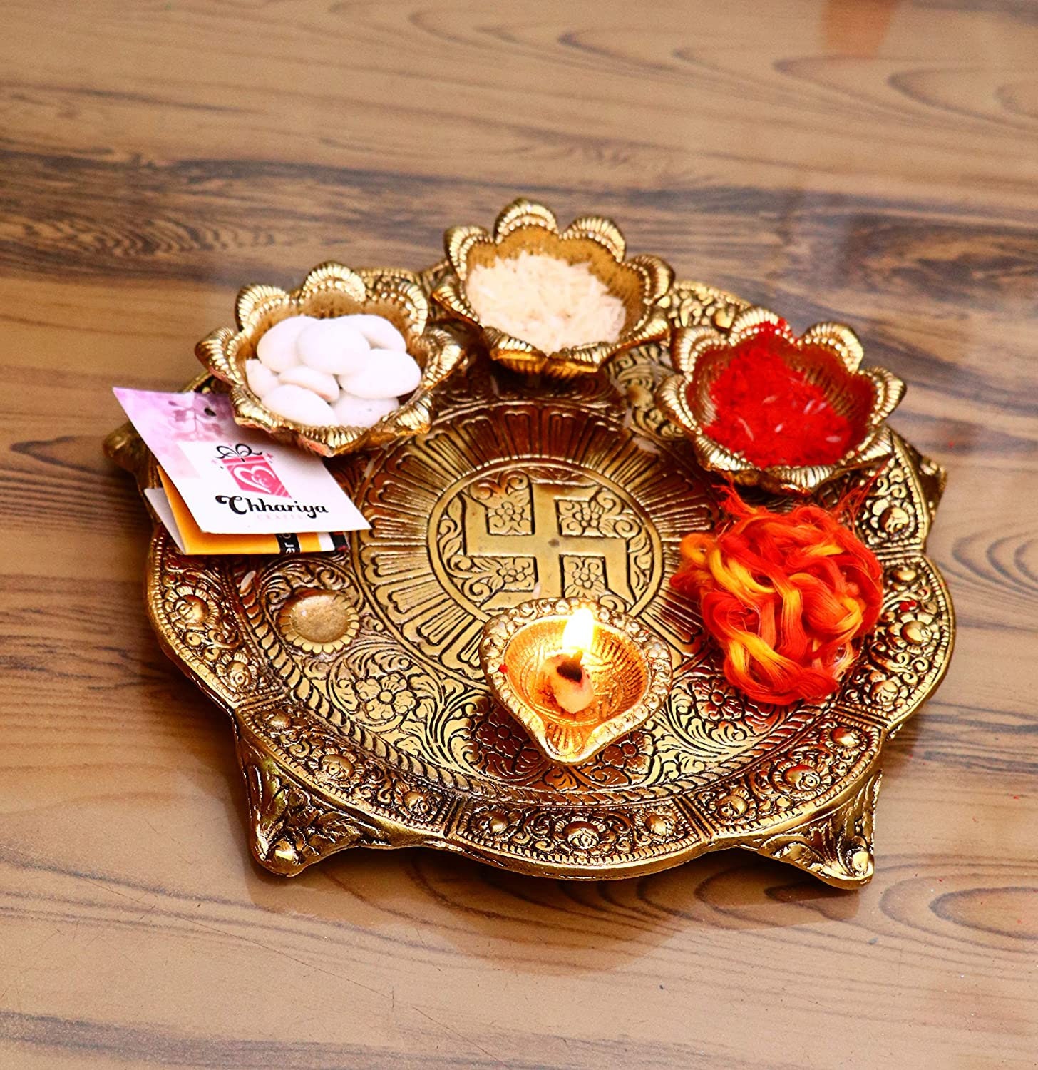 Pooja Thali With Diya Gold Plated for Home and Office Temple