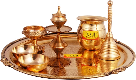 Diwali Navratra Spacial Brass Pooja Thali Set (7 Pcs = 1 Karvi Pooja Plate,  1 Ghanti,Kuber Diya,1 Jal Patra,1 Agardaan,2 Roli Chawal Katori
