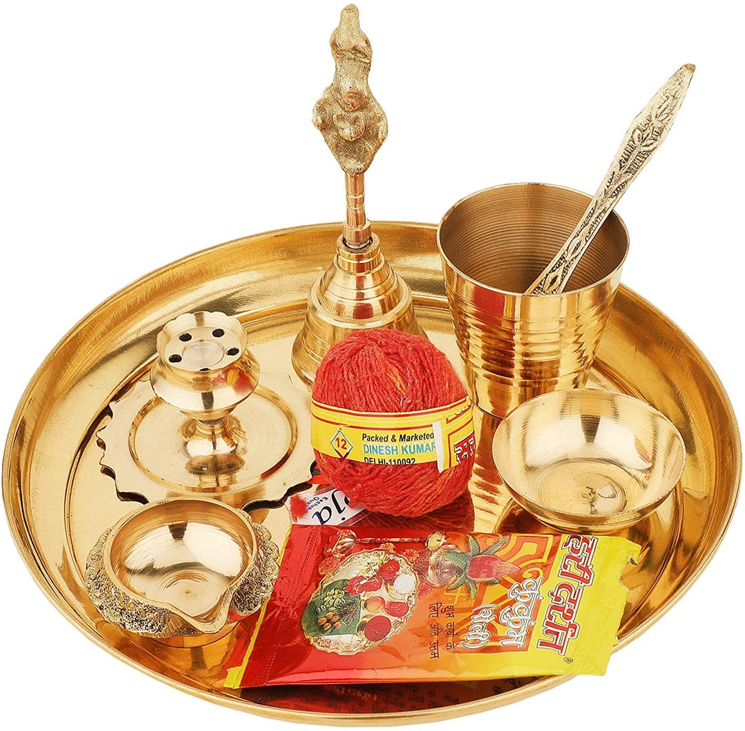 Brass Pooja Thali Set (10 inch, Gold) for Pooja/NAVRATARI (Set of 8)