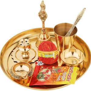Brass Pooja Thali Set with Diya Puja Kalash Lota and Aarti Bell Tample Pooja