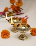 Indian Puja Brass Oil Lamp with Stand- Golden Diya Lamp Engraved Design Dia