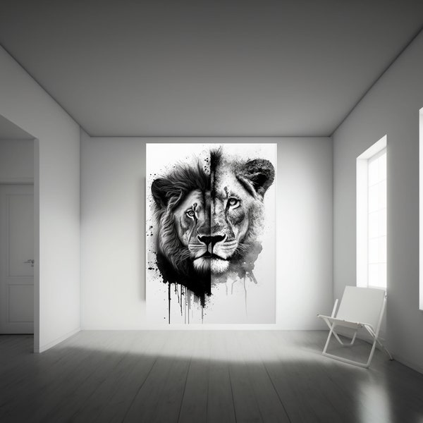 digital artwork lion and lioness , lion art, lioness art, digital download, unique wall art