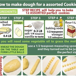 May include: A step-by-step guide on how to make assorted cookies. The ingredients include melted butter, eggs, sugar, salt, vanilla, baking soda, vinegar, and flour. The steps are illustrated with images of the ingredients and the dough being kneaded and formed into balls.