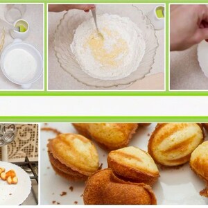 May include: A step-by-step guide for making homemade walnut-shaped cakes. The image shows the ingredients, mixing process, and the final product. The cakes are golden brown and have a slightly textured surface.