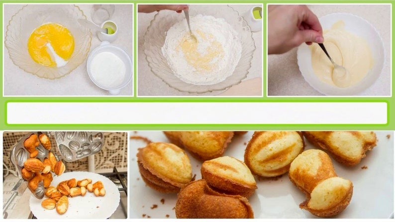 May include: A step-by-step guide for making homemade walnut-shaped cakes. The image shows the ingredients, mixing process, and the final product. The cakes are golden brown and have a slightly textured surface.