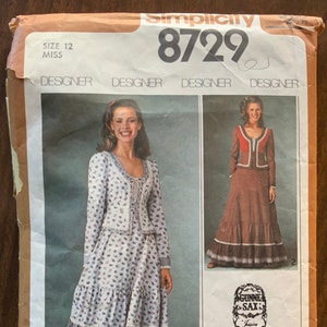 Tracing COPY of vintage Simplicity 8729 Gunne Sax sewing pattern, your choice of Size 10 or 12