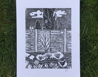 Spring Garden, original lino print