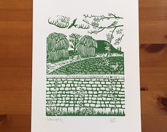 Fotheringhay, original hand printed linocut.