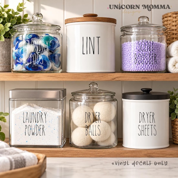 Laundry Room Labels, Farmhouse Vinyl Decals for Jars, Canisters & Laundry Organization