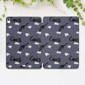 Funny black cat iPad case blue Cute animal case Book lover gift iPad smart case Cute art case Kawaii iPad case kitten iPad smart cover Fun