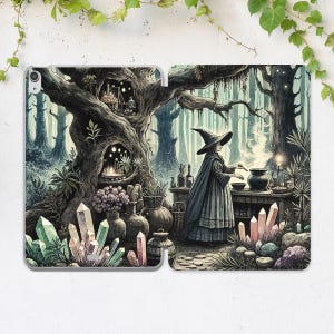 Etui na iPada czarownica Etui z inspirującą sztuką Magiczne kryształy Etui na iPada wiccan Las Natura Etui na iPada dziewczyna Etui na iPada kobieta Dekoracja na Halloween Kwiaty