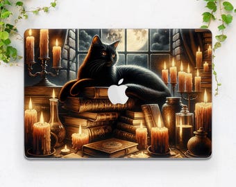 Czarodziejska sztuka magiczna Obudowa Macbooka Kot Obudowa Macbooka Książki Gotyckie Czarne magiczne Obudowa Macbooka Zwierzę Estetyczne etui artystyczne Twarda obudowa Macbooka Księżyc Świece