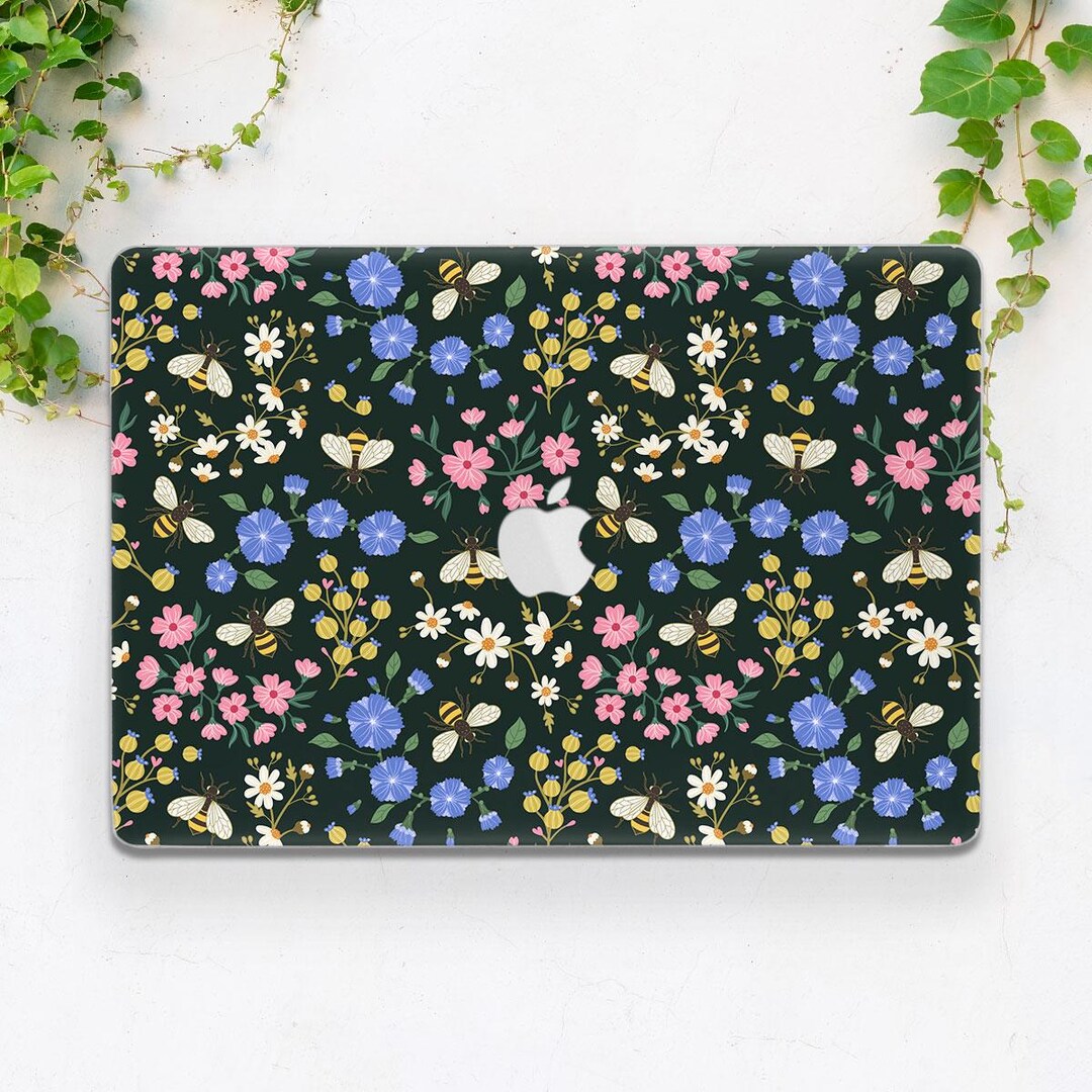 MacBook Case Summer Cute Bees Print Deep Green Botanical Wils Flowers ...