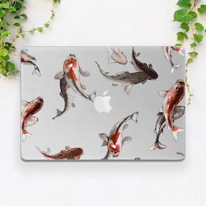 May include: A clear laptop skin with a repeating pattern of red, white, and black koi fish swimming in different directions.