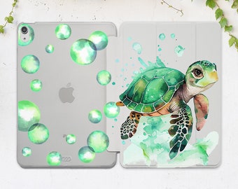 Funda para iPad con diseño de tortuga para niños, funda para iPad con diseño de animales marinos, burbujas, diseño de acuarela, Kawaii, agua, Fun Pro 13 11th gen A16 Mini 7 Air 13 10 2 12 9