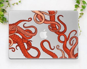 May include: A laptop skin with a design of red and orange octopus tentacles on a light gray background.