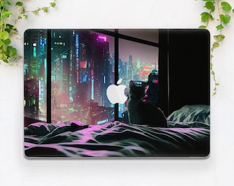 Japanese city art Macbook case cat Anime cute art Macbook case night Macbook hard case Macbook case animal Cartoon style Cute Kawaii case