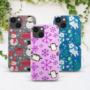 Cute winter animals White bear print iPhone case snow Phone case penguin Kawaii snowman art iPhone 15 Plus iPhone 14 Pro iPhone 13 s23 s10e