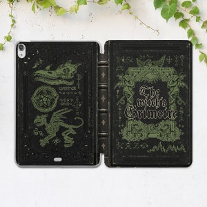 Witches Grimoire iPad book print Occult art case iPad black magic iPad case horror Black smart case Green skull Mistical dragon art Creepy