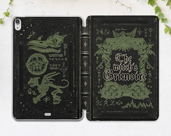 Witches Grimoire iPad book print Occult art case iPad black magic iPad case horror Black smart case Green skull Mistical dragon art Creepy