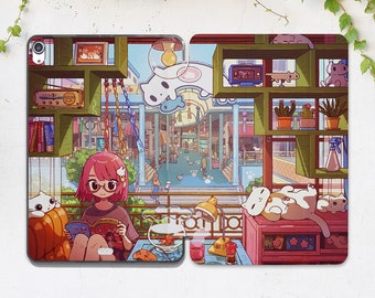 iPad case cute Anime art case iPad case kawaii Funny white cat iPad case girl Cartoon art case Kawaii iPad case city Air 13 Pro 13 11 Mini 7