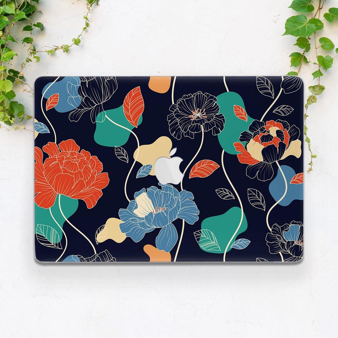 Line Flowers MacBook Case Blue MacBook Case Floral Aesthetic Botanical ...