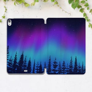 Custodia per iPad con stampa cielo notturno, ispiratrice, aurora boreale, pini, arte, custodia per iPad, minimalista, stampa natura, cover per iPad, supporto flip, stelle, foresta