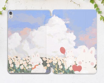 Cute white bunnies iPad case nature Kawaii animals iPad smart case Blue sky print iPad 11 2022 iPad 10 9 case iPad 10 2 iPad 10th gen case