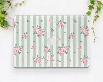 Macbook floral case Cute Elegant Stripes Macbook hard cover Light pink roses Name Custom Personalized Air 13 Pro 14 M5 Air 15 Neo Pro 13 15