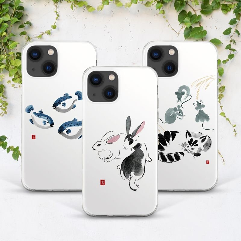 Arte tradicional japonés sume-e Estampado de animales kawaii Funda para teléfono con pez Funda con arte de acuarela Funda para iPhone 14 Funda para iPhone Conejo iPhone 12 mini