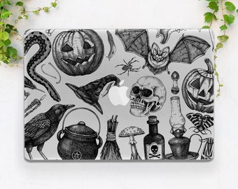 Etui na Macbooka, przezroczyste etui z motywem czarnej magii, etui na Macbooka z jesienną grafiką, etui na Macbooka z czaszką, czarownictwo Pro 14 2025 Pro 16 M5 Air 13 Air 15